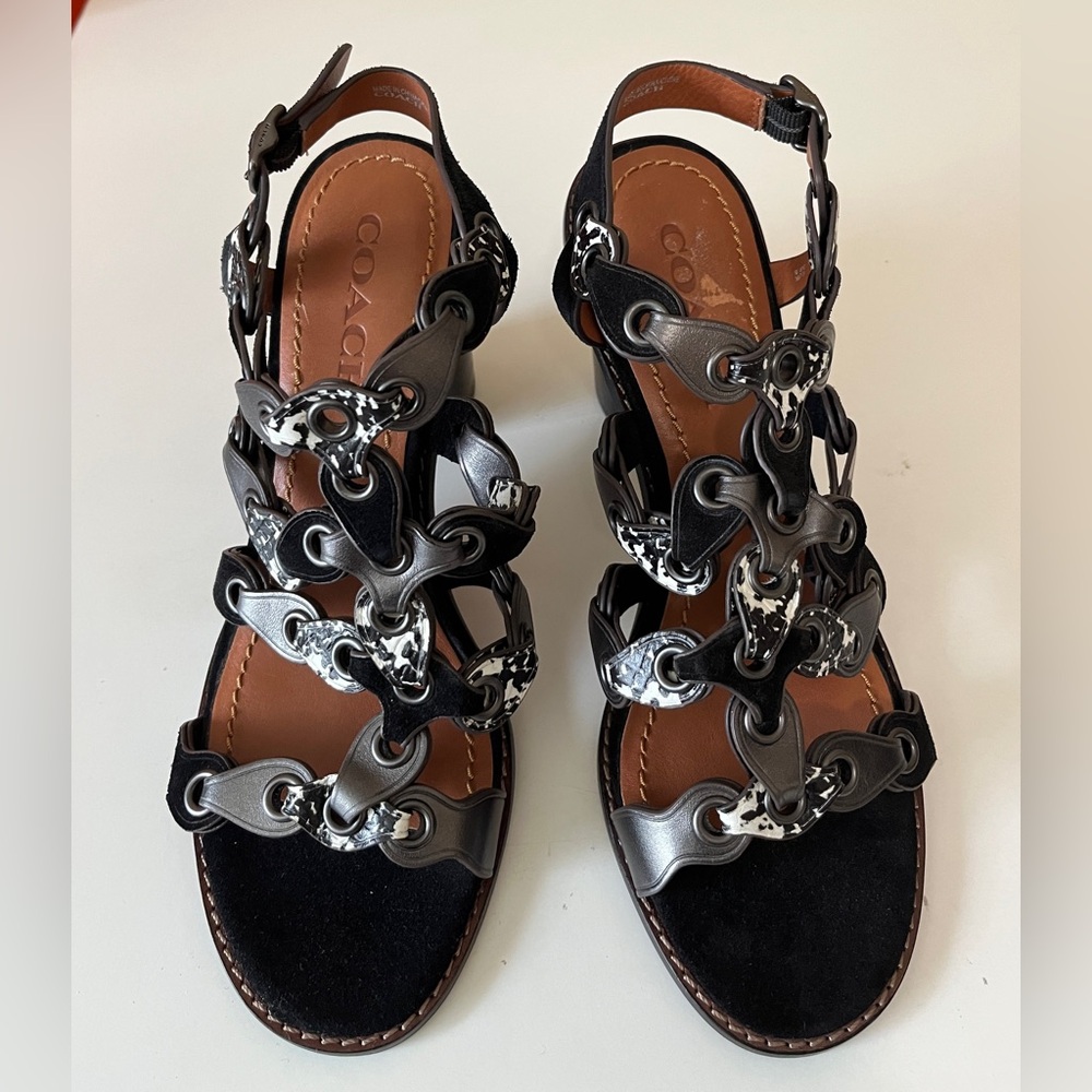 Coach MH Sandal Cll MXM Black Dress Sandals Black Mid Heel Shoes 7B Summer - Picture 1 of 13